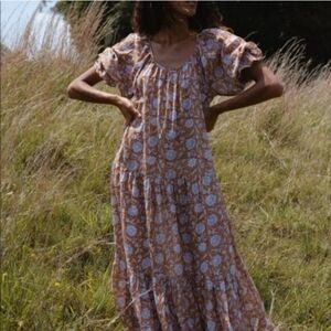 Daughters of India Sahan Cotton Floral Maxi Dress in Clay Sz Large Cottagecore